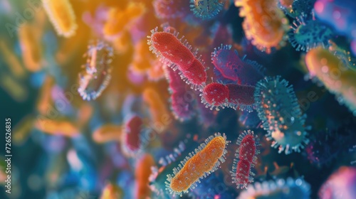 A close-up view of a bunch of colorful bacteria. This image can be used to illustrate microbiology, science research, or health-related topics