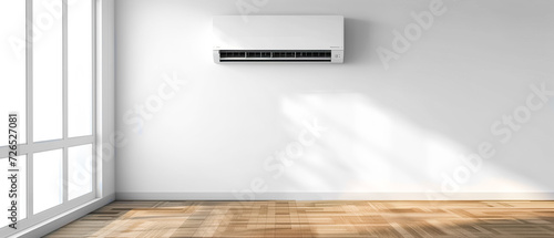 Air conditioner in an empty room with white wall and window, White minimalist room, hot weather, cool air conditioning, summer, hot outside, background ads ultrawide cover banner, copy space