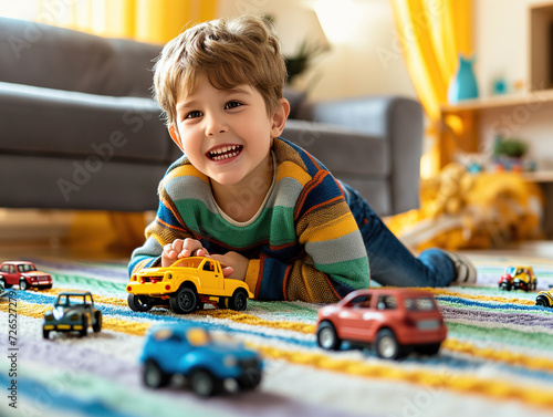 A joyful boy plays happily with toy cars, completely absorbed in his imaginative world. He cherishes priceless family moments in a cozy living room.