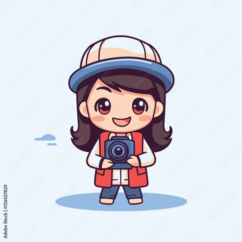 Cute little girl holding camera. Vector cartoon character illustration design.
