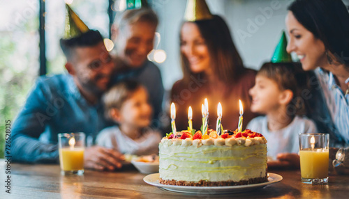 Joyful family celebration with a creamy birthday cake and candles, symbolizing love and togetherness, in a warm, homey atmosphere