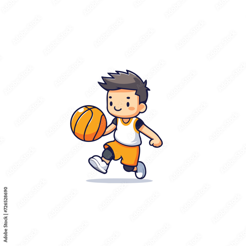 Cute boy playing basketball cartoon character vector Illustration on a white background