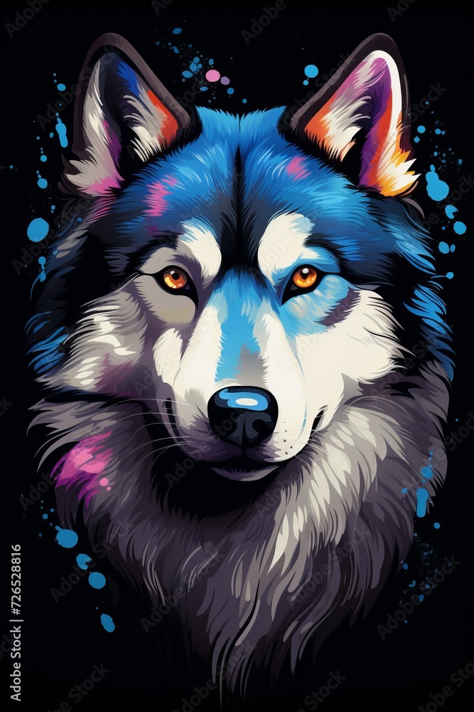 Naklejka premium Majestic Wolf With Blue Eyes Against Black Background