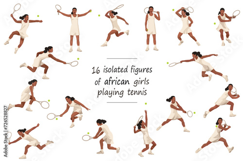16 girl figures of black women's tennis players in white dress in various stances and grips standing, running, rushing, jumping, hitting, serving, receiving the ball