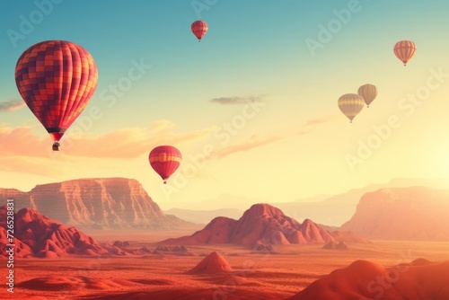 A Group of Hot Air Balloons Flying Over a Desert