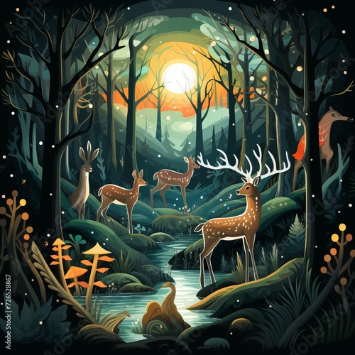 A Painting of Deer in a Forest at Night
