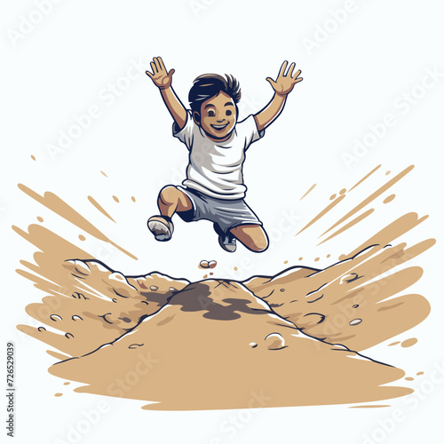 Vector illustration of a young boy jumping on the hill. Cartoon style.