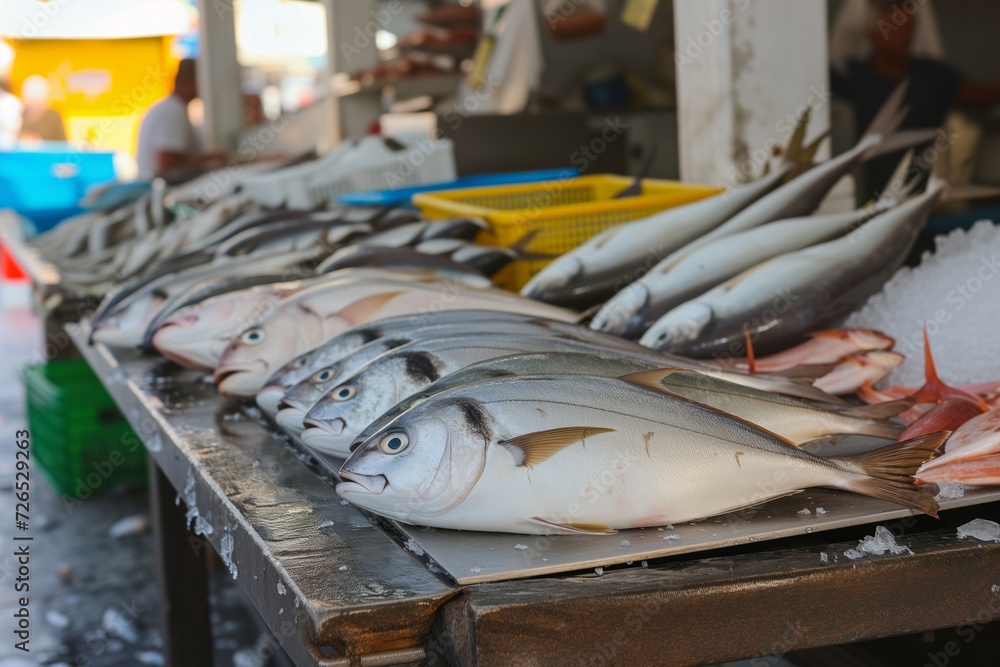 fresh fish displayed on tables for sale