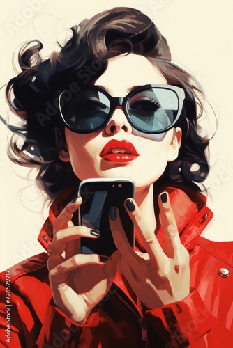 Painting of a Woman in Sunglasses Holding a Cell Phone