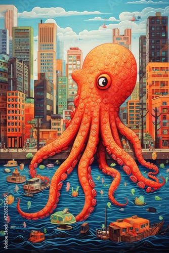 Painting of an Octopus With a City in the Background