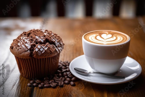 Morning Indulgence: Caffee Latte and Chocolate Muffin on Wood Table