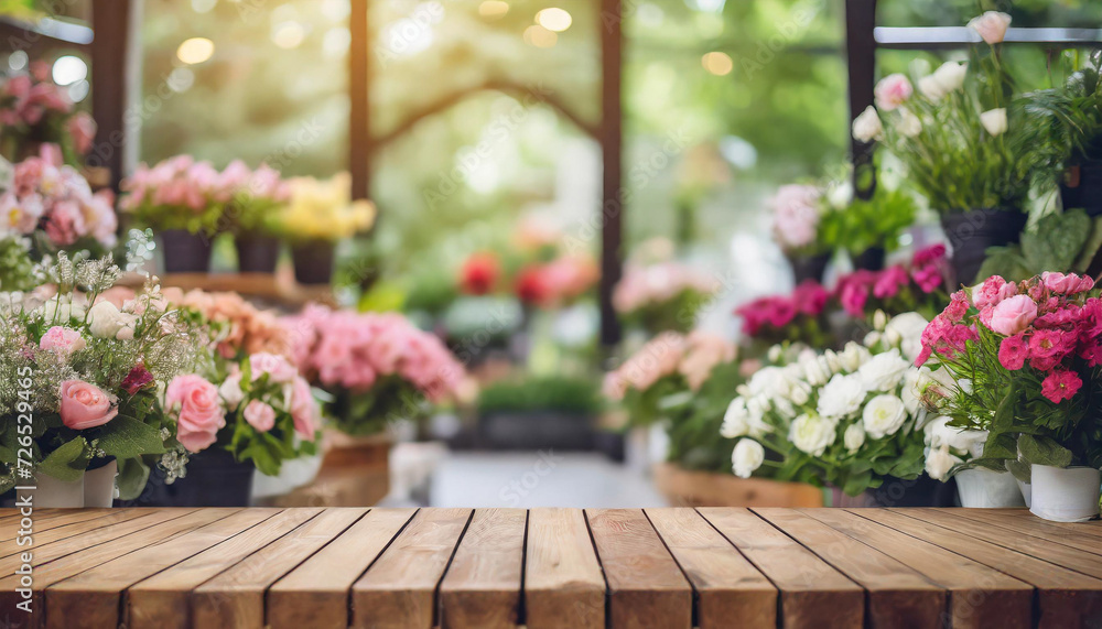 wooden table, empty and inviting, set against a vibrant, blurred flower shop backdrop - a versatile stock photo for diverse creative concepts wooden table, empty and inviting, set against a vibrant, blurred flower shop backdrop - a versatile stock photo for diverse creative concepts