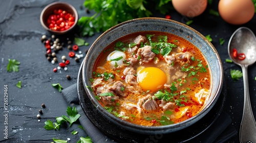 Egg and meat soup captured in a superior image.