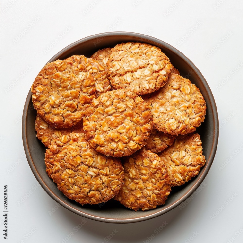 Top View Stack of Traditional Anzac Biscuits in a Modern Ceramic Bowl on White Background Top View Stack of Traditional Anzac Biscuits in a Modern Ceramic Bowl on White Background