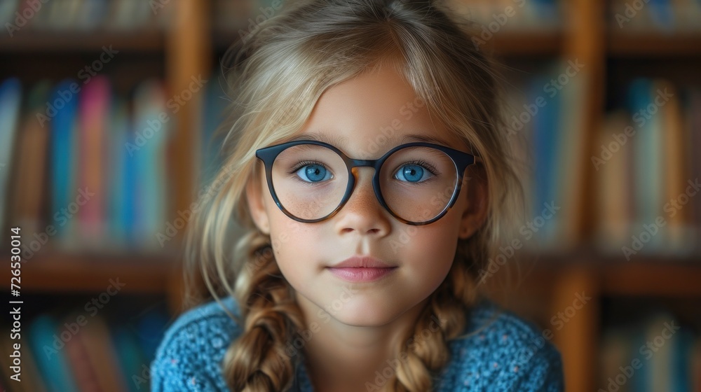 cute girl with blue eyes wearing glasses in the library, against the background of a shelf with books, book day cute girl with blue eyes wearing glasses in the library, against the background of a shelf with books, book day
