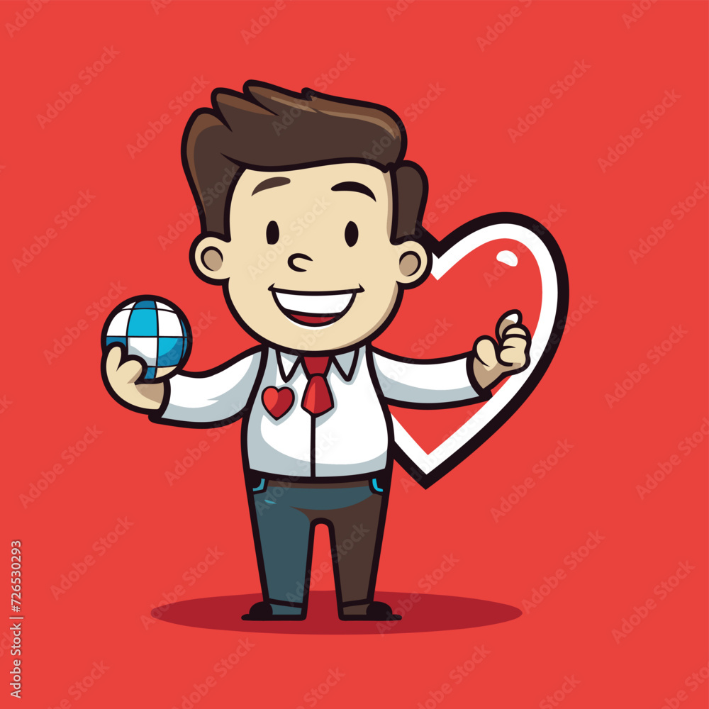 Businessman holding heart and globe. Vector cartoon character illustration design.