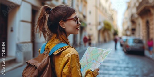 A female traveler navigating Europe with a map as her guide. photo
