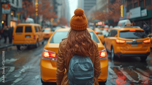 Female hailing a cab on urban pavement.