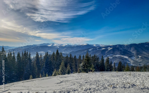 Panoramic view over Carpathian Mountains in wintertime.