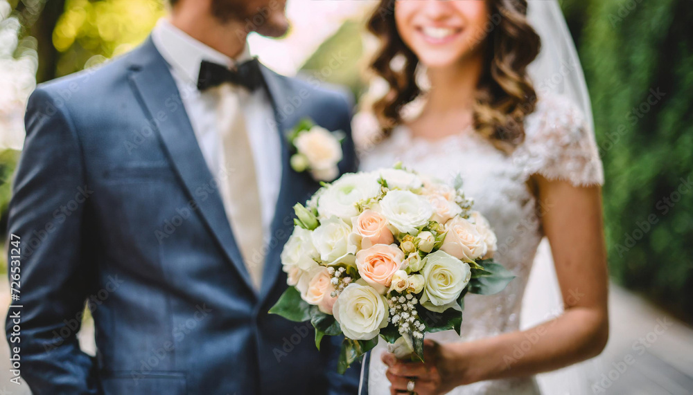 Blurred Caucasian bride and groom with a bouquet of light, symbolizing love, commitment, and the beauty of union