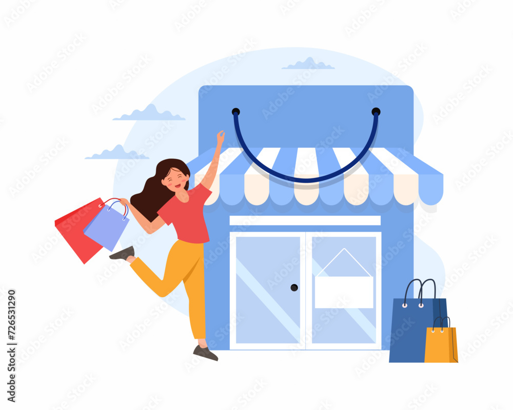 E-Commerce Online Shopping Happy women doing online shopping and carrying shopping bags vector illustration E-Commerce Online Shopping Happy women doing online shopping and carrying shopping bags vector illustration