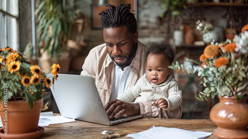 Dad working from home on laptop, with baby son by his side. Familial warmth, remote work, and the juggling of parenting and professional responsibilities, work-life balance and modern fatherhood