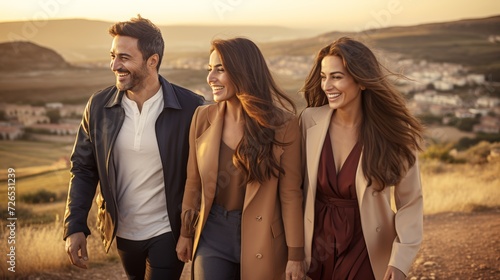 Fototapeta Naklejka Na Ścianę i Meble -  Lifestyle of young adult carefree people traveling together enjoyment cheerful laughing, trekking hiking adventure in countryside, tourists friendship bonding outdoor activities, sunset in summer