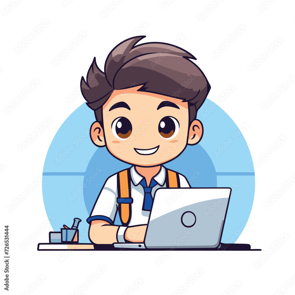 Cute boy working on laptop. Vector illustration in cartoon style.