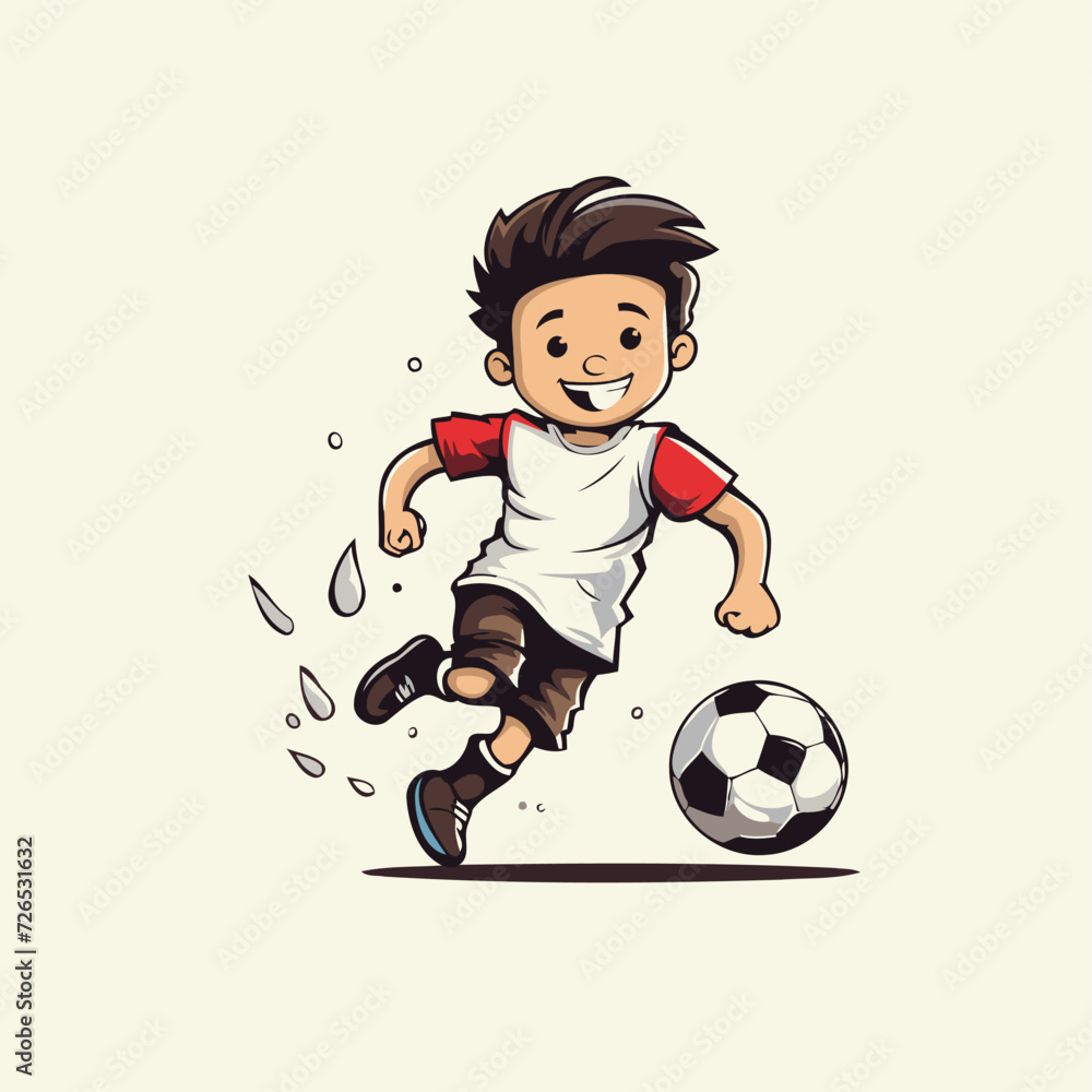 Illustration of a boy playing soccer with a ball on a white background