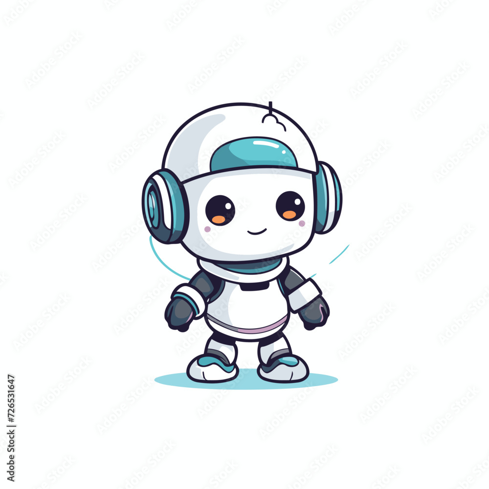 Cute cartoon robot with headphones. Vector illustration on white background.