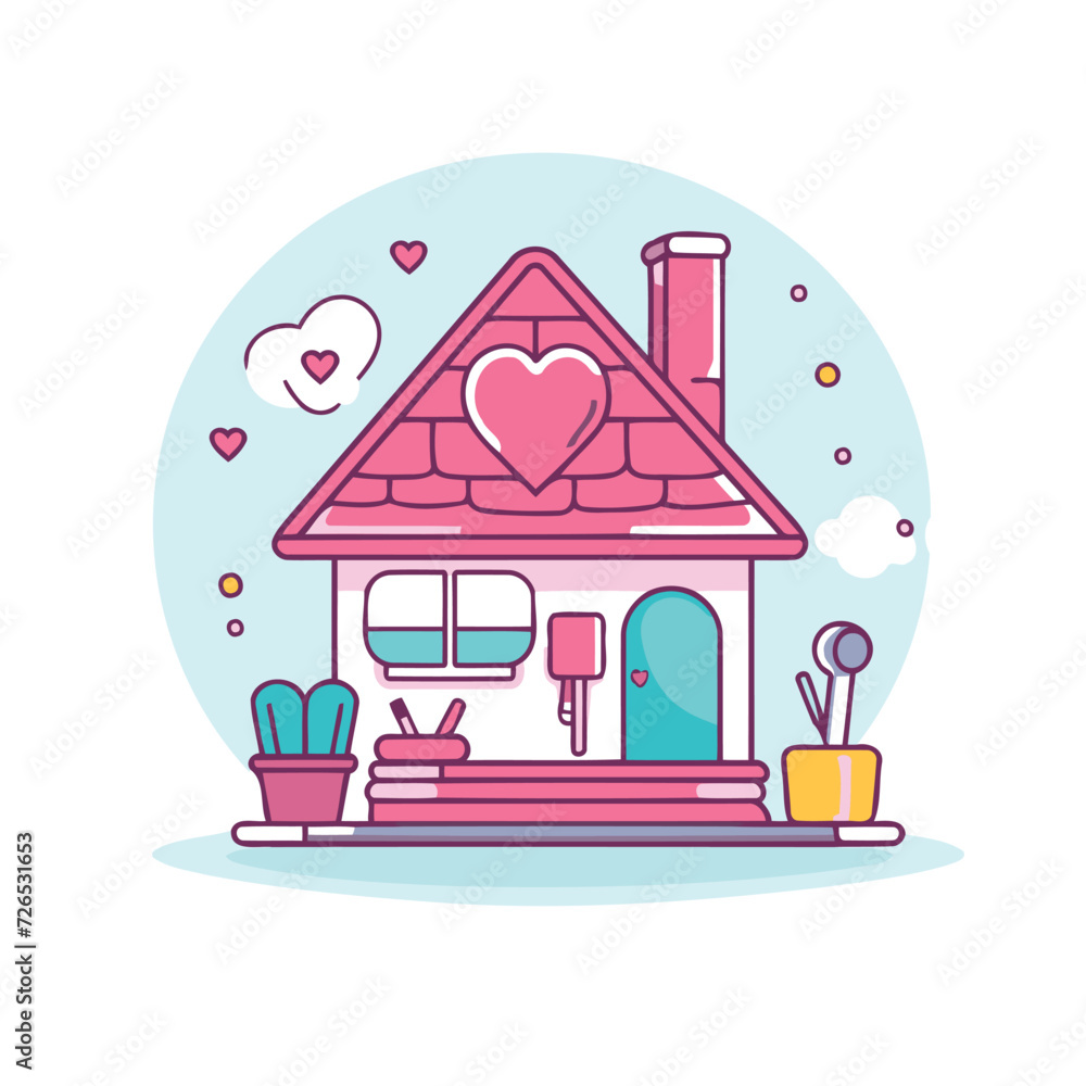 House with heart and flowers in flat style. Vector illustration on white background.