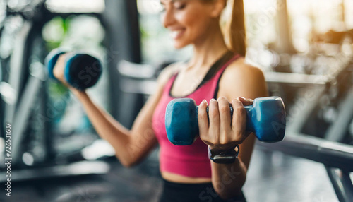 fitness woman demonstrates dumbbell exercises, showcasing determination and strength in a vibrant gym setting © Your Hand Please
