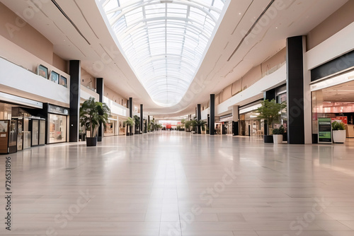 Interior of modern shopping center, where practicality and aesthetics converge. With cutting-edge displays, minimalist counters, and ergonomic spaces, design stays on trend. Shopping complex 