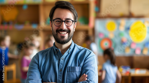 portrait of a handsome male Montessori kindergarten teacher in a kindergarten, candid smile