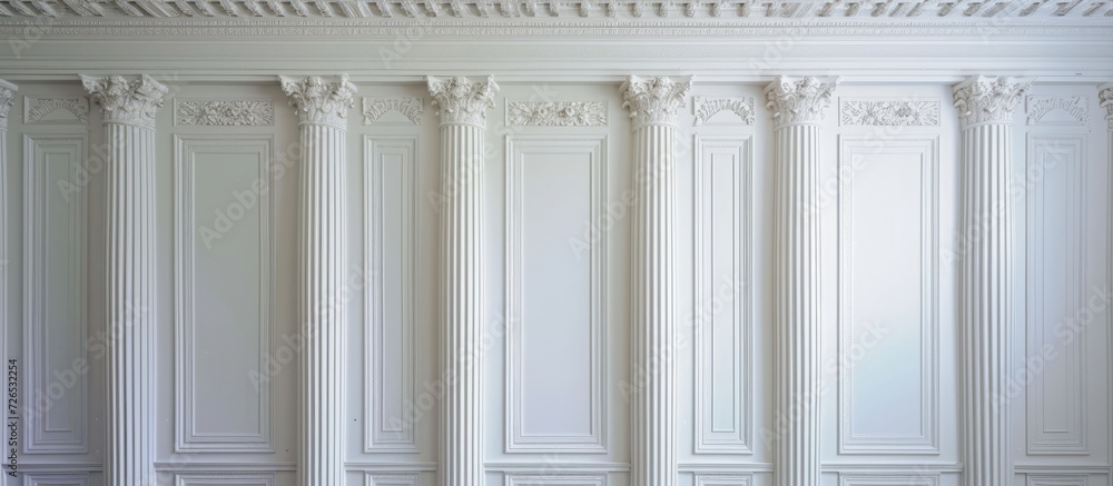 White plaster columns and pilasters on a gypsum backdrop. White plaster columns and pilasters on a gypsum backdrop.