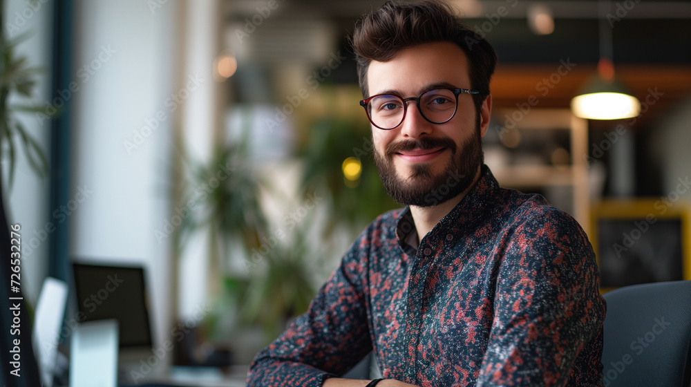 portrait of a handsome male Software Developer in a modern office, smile candid portrait of a handsome male Software Developer in a modern office, smile candid