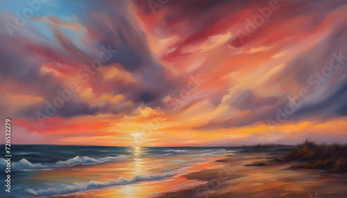 beautiful morning sunset sky, Oil painting