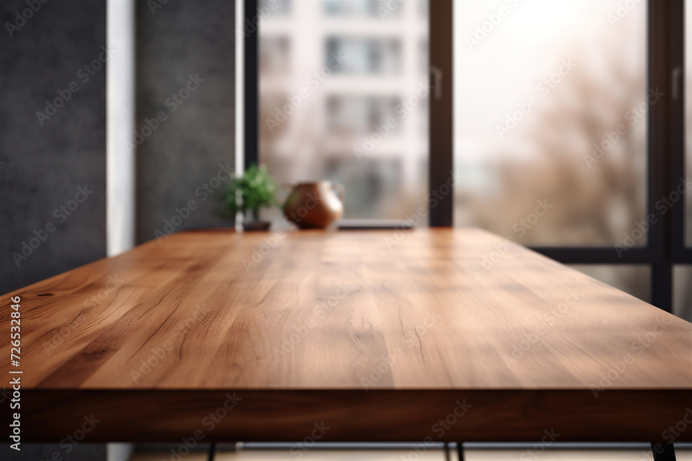 Fototapeta premium A Wooden kitchen table on blur backgroud 