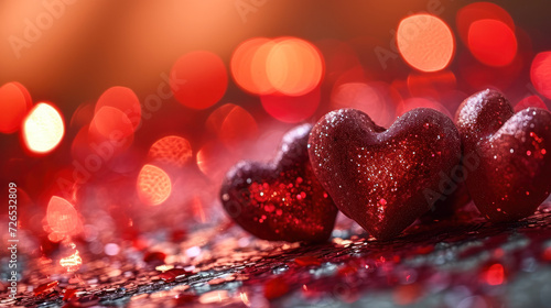 Romantic sparkling red hearts on a glittering background, conveying love, affection, Valentine's Day celebration, and intimate, heartfelt moments