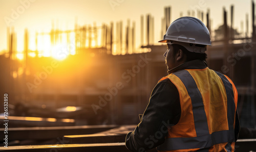 Construction site at sunrise with a silhouetted worker wearing a safety helmet and reflective vest overseeing progress