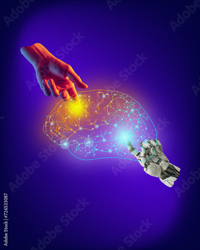 Obraz na płótnie Human and 3D model of robotic hand reaching digital brain against neon background
