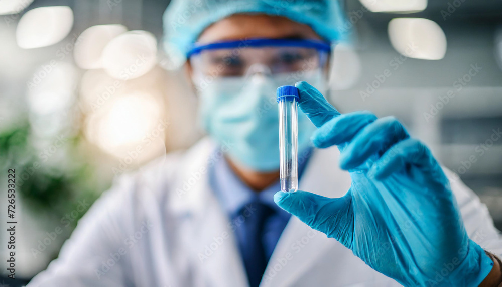 Scientist's hand grips a sample tube, symbolizing precision and discovery, with a blurred laboratory backdrop Scientist's hand grips a sample tube, symbolizing precision and discovery, with a blurred laboratory backdrop