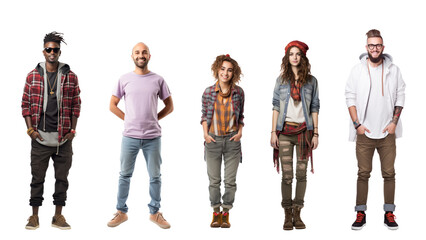 Collection, a bundle of diverse young people isolated on transparent white background