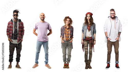 Collection, a bundle of diverse young people isolated on transparent white background