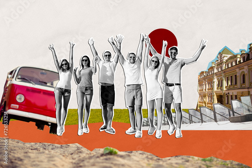 Creative banner collage poster of people buddies guys ladies drive on van travel city enjoy summer vacation photo