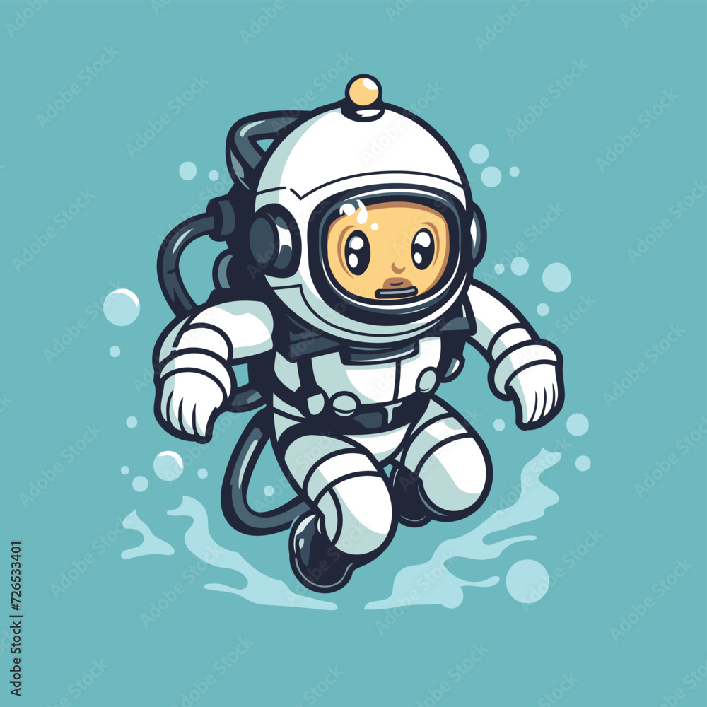 Astronaut flying in the water. Vector illustration of a cartoon character.