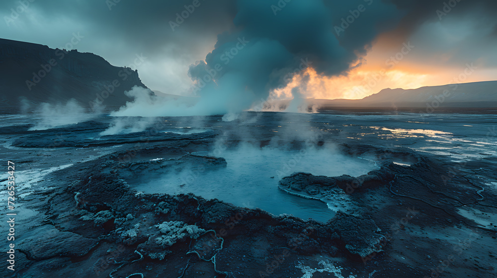 A photo of boiling mud pots, with geysers in the distance against a dramatic sky as the background, during an overcast day
