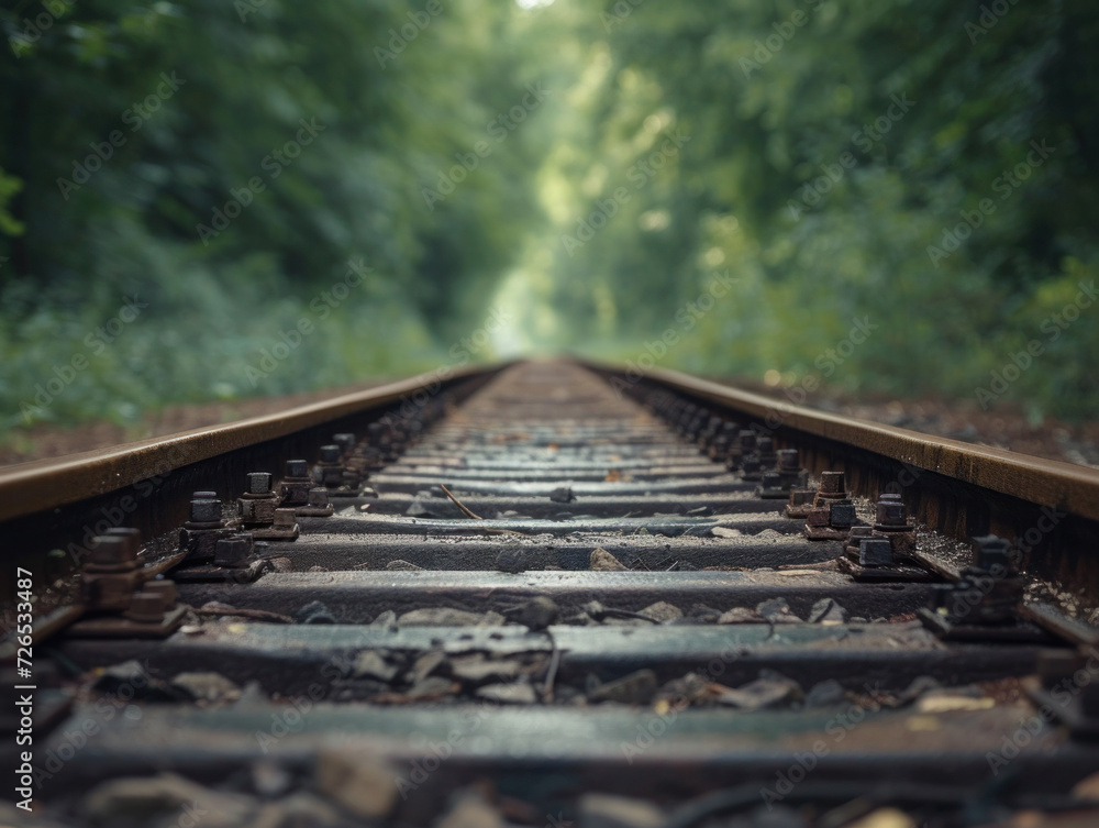 Forest railway tracks winding through the countryside, inviting a nostalgic journey along the old metal path of travel Forest railway tracks winding through the countryside, inviting a nostalgic journey along the old metal path of travel