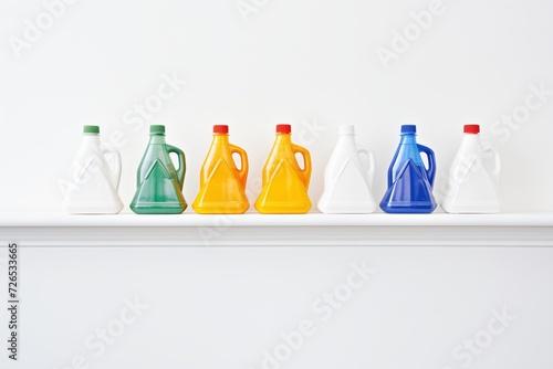 a row of colorful laundry detergent bottles on a white shelf