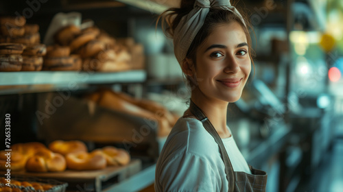portrait of a pretty female baker in a bakery